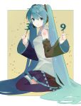 1girl 39 aqua_hair black_skirt black_thighhighs blue_eyes blue_hair breasts collared_shirt detached_sleeves gradient_hair grey_shirt hair_ornament hatsune_miku headphones headset highres holding long_hair looking_at_viewer miku_day multicolored_hair pleated_skirt shakemi_(sake_mgmgmg) shirt sitting skirt small_breasts solo star_(symbol) thighhighs twintails very_long_hair vocaloid 