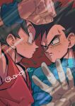  2boys bara black_hair blush clenched_hand closed_mouth covered_abs dougi dragon_ball dragon_ball_z gloves highres large_pectorals looking_at_another male_focus multiple_boys muscular muscular_male onore pectorals short_hair son_goku spiked_hair twitter_username vegeta white_gloves yaoi 