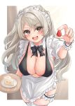  1girl alternate_costume apron bikini black_bikini black_bow black_bowtie bow bowtie breasts bridal_garter brown_eyes cake cleavage conte_di_cavour_(kancolle) cowboy_shot detached_collar enmaided food frilled_apron frills fruit grey_hair highres kantai_collection kasashi_(kasasi008) large_breasts long_hair maid maid_headdress smile solo strawberry strawberry_shortcake swimsuit thighhighs two_side_up white_apron white_thighhighs 