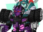  1boy 1girl bad_id blue_eyes carrying decepticon helmet huh_3_huh inactive_account mask mecha mechanical_parts nickel_(transformers) red_eyes robot shoulder_carry size_difference tarn the_transformers_(idw) transformers 