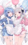  2girls ;d apron balloon bandaid bandaid_on_leg bear_hair_ornament black_bow blue_eyes blue_hair blue_jacket blue_shorts blunt_bangs blush bow character_request frilled_apron frills grey_hair hair_bow hair_ornament hand_on_own_hip heart_o-ring highres jacket long_hair long_sleeves looking_at_viewer multiple_girls o-ring o-ring_thigh_strap one_eye_closed open_mouth original pink_jacket pink_skirt purple_eyes saku_nosuke second-party_source short_hair shorts skindentation skirt sleep_mask smile standing thigh_strap track_jacket twintails white_apron wotoha_(character) 