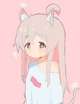  1girl ? absurdres ahoge animal_ear_fluff animal_ears brown_eyes cat_ears cat_tail colored_inner_hair double-parted_bangs highres kemonomimi_mode long_hair loose_clothes loose_shirt multicolored_hair onii-chan_wa_oshimai! oversized_clothes oversized_shirt oyama_mahiro pink_hair shirt simple_background tail yama_h15 