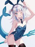 1girl ;p animal_ears arm_up black_thighhighs blue_eyes blue_hair blue_leotard blue_nails blue_necktie blunt_bangs blush contrapposto covered_navel cowboy_shot detached_collar fake_animal_ears fingernails fins fish_tail flat_chest gawr_gura grey_hair groin hair_ornament highres holding holding_polearm holding_weapon hololive hololive_english leotard long_fingernails long_hair multicolored_hair nail_polish necktie one_eye_closed playboy_bunny polearm rabbit_ears shark_girl shark_hair_ornament shark_tail shirase_rin short_necktie sidelocks simple_background solo strapless strapless_leotard streaked_hair tail tail_raised thighhighs tongue tongue_out trident two_side_up v-shaped_eyebrows virtual_youtuber weapon white_background white_wrist_cuffs wrist_cuffs 