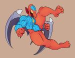  2023 4_fingers 4_toes absurd_res anthro big_bulge biped blue_clothing bulge capcom clothed clothing crossdressing demon demon&#039;s_crest digital_drawing_(artwork) digital_media_(artwork) feet fingers firebrand gargoyle ghosts_&#039;n_goblins hat headgear headwear hi_res male membrane_(anatomy) membranous_wings no_pupils open_mouth ream_n_cream red_arremer red_body sharp_teeth simple_background solo spiked_wings spikes tan_background teeth toes tongue toony wings yellow_eyes 