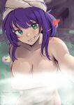  2girls bathing breasts cleavage collarbone covering fire_emblem fire_emblem:_path_of_radiance fire_emblem:_radiant_dawn green_eyes grin heart highres ilyana_(fire_emblem) long_hair looking_at_viewer medium_breasts mia_(fire_emblem) multiple_girls naked_towel nude_cover onsen partially_submerged purple_hair reaching_towards_viewer sauna smile solo_focus steam towel towel_on_head vialnite wet_towel 