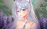  1girl aesice animal_ear_fluff animal_ears aqua_eyes blue_archive blush breasts cleavage collarbone completely_nude cross_hair_ornament flower grey_hair hair_between_eyes hair_ornament halo highres large_breasts long_hair looking_at_viewer mismatched_pupils nude purple_flower shiroko_(blue_archive) shiroko_terror_(blue_archive) sideways_glance solo straight_hair upper_body very_long_hair wisteria wolf_ears 