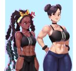  2girls absurdres aestheticc-meme black_hair black_sports_bra bow_hairband bracelet breast_envy breasts brown_hair chun-li crop_top dark-skinned_female dark_skin double_bun hair_bun hairband highres jewelry kimberly_jackson long_hair medium_support_(meme) meme midriff multicolored_hair multiple_girls navel pants quad_braids smile sports_bra street_fighter street_fighter_6 thick_thighs thighs very_dark_skin 