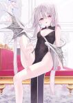  absurdres angel_wings bare_legs barefoot bat_wings breasts chain chinese_clothes clothing_cutout demon demon_girl earrings grey_hair highres jewelry leash murur_(matsumikoru) original picture_frame small_breasts thighs tongue tongue_out twintails wings 