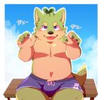  2023 absurd_res anthro blush bulge canid canine canis clothing domestic_dog green_bell green_body hi_res humanoid_hands japanese_text kemono male mammal sitting solo text underwear young 