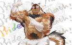  1boy :d abs absurdres bara biceps black_fur boogbogex boxers brown_fur bulge chest_tuft dog_boy english_text excessive_pubic_hair feet_out_of_frame flexing gradient_fur haki_(boogbogex) highres large_bulge large_pectorals lgbt_pride looking_at_viewer male_focus male_underwear muscle_awe muscular muscular_male nipples notched_ear orange_fur original pectorals pointing pointing_at_self pride_month pubic_hair rainbow_flag_tattoo rainbow_gradient short_hair smile solo sparkle stomach topless_male underwear whiskers white_male_underwear 
