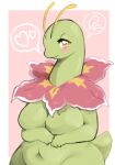 anthro biped blush breasts featureless_breasts female generation_2_pokemon green_body hi_res looking_at_viewer meganium navel nintendo pawberry pokemon pokemon_(species) red_body smile solo yellow_eyes 