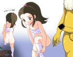  1boy 1girl ass bar_censor brown_eyes brown_hair censored closed_mouth commentary_request dressing eyelashes high_ponytail highres hypno kaimu_(qewcon) kneepits leg_up navel panties penis pokemon pokemon_(creature) pokemon_(game) pokemon_oras school_kid_(pokemon) shirt sidelocks skirt skirt_removed sleeveless sleeveless_shirt socks standing standing_on_one_leg testicles translation_request underwear 