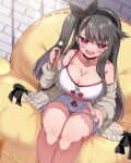  1girl :d azur_lane bangs black_hairband blush breasts brown_hair camisole cleavage couch dutch_angle fang hairband highres lap_pillow_invitation large_breasts long_hair midriff mikage_(shibi) mimikaki on_couch open_mouth oppai_loli pamiat_merkuria_(azur_lane) pamiat_merkuria_(sweet_cherry_memories)_(azur_lane) pendant_choker pink_eyes shorts side_ponytail sitting skin_fang smile strap_slip swept_bangs very_long_hair 