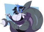  2022 5_fingers anthro areola areola_slip big_breasts black_bra black_clothing black_hair black_legwear black_thigh_highs black_underwear blue_areola blue_hair bra breasts char_(nonarycubed) cleavage clothed clothing dewwydarts eye_through_hair female fin fingers fish grey_body grey_scales hair hi_res huge_breasts huge_thighs legwear long_tail marine multicolored_body multicolored_hair multicolored_scales purple_clothing purple_sweater purple_topwear scales scalie shark simple_background solo sweater tail tail_fin thick_thighs thigh_highs topwear translucent translucent_hair two_tone_body two_tone_hair two_tone_scales underwear white_body white_scales wide_hips 