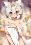  1girl :o animal_ear_fluff animal_ears areola_slip blush breasts collarbone covering covering_breasts cowboy_shot fang highres holding holding_towel huge_breasts inubashiri_momiji looking_at_viewer onomiya onsen open_mouth red_eyes short_hair skin_fang solo steam tail textless_version touhou towel white_hair wolf_ears wolf_girl wolf_tail 