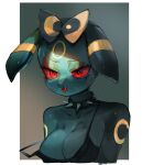  1girl animal_ears breasts cleavage collar collarbone colored_sclera fangs furrification furry furry_female gradient_background medium_breasts off_shoulder open_mouth pokemon pokemon_(creature) red_eyes red_sclera solo spiked_collar spikes sweat umbreon upper_body utta 