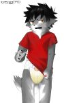  anthro bodily_fluids canid canine canis clothing diaper embarrassed genital_fluids hi_res male male/male mammal red_clothing red_shirt red_topwear shirt solo thyro topwear tucked_shirt urine wet_diaper wetting wolf 