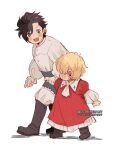  2boys baby black_hair blonde_hair blue_eyes clive_rosfield earrings final_fantasy final_fantasy_xvi jewelry joshua_rosfield lightningstrikes multiple_boys red_shirt shirt shoes smile walking white_shirt 