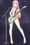  1girl :d bang_dream! bang_dream!_it&#039;s_mygo!!!!! blue_eyes chihaya_anon collarbone commentary_request da_akana_xiv full_body hair_over_eyes highres holding holding_instrument instrument long_hair looking_at_viewer microphone microphone_stand music nude open_mouth pink_hair playing_instrument smile solo standing teeth thighhighs thighs toenails toes upper_teeth_only white_thighhighs 