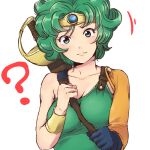  1girl ? between_breasts blue_eyes blue_gemstone blue_gloves breasts circlet cleavage closed_mouth collarbone curly_hair dragon_quest dragon_quest_iv gem gloves green_hair green_shirt head_tilt heroine_(dq4) looking_at_viewer lowres medium_breasts motion_lines orange_sleeves powerhamuhamu shirt short_hair simple_background single_bare_shoulder single_glove single_sleeve single_strap smile solo split_mouth strap strap_between_breasts sword upper_body weapon white_background wristlet 