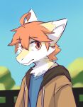  absurd_res anthro blue_clothing blue_sky blue_topwear blurred_background brown_clothing brown_jacket brown_topwear bust_portrait cheek_tuft clothed clothing dragon facial_tuft fur furred_dragon glistening glistening_eyes hair hi_res jacket kutto kuttoyaki looking_at_viewer male mouth_closed orange_eyes orange_hair portrait sky solo topwear tuft white_body white_fur yellow_body yellow_fur 