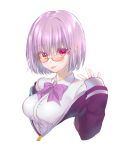  1girl :p absurdres blush bow breasts commentary_request dress_shirt eyelashes eyes_visible_through_hair glasses gridman_universe hair_between_eyes hand_up highres jacket large_breasts light_purple_hair looking_at_viewer off_shoulder pink-framed_eyewear pink_bow purple_jacket red_eyes semi-rimless_eyewear shinjou_akane shirt short_hair simple_background sleeves_past_wrists smirk solo ssss.gridman straight_hair tongue tongue_out upper_body white_background white_shirt zuzuhashi 
