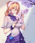  1girl 3_small_spiders alternate_costume bracelet branch brown_hair cherry_blossoms commentary_request commission dress earrings flower girls&#039;_frontline green_eyes hair_between_eyes holding holding_branch jewelry long_hair looking_at_viewer petals purple_dress scrunchie skeb_commission smile solo springfield_(girls&#039;_frontline) upper_body wrist_scrunchie 