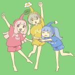  1boy 2girls :o alternate_costume alternate_hairstyle arm_up artist_name bashauma_kaede bell blue_hair blue_hairband blue_pikmin blue_pikmin_(cosplay) blue_shirt blue_shorts blunt_bangs blunt_ends braid bright_pupils clenched_hands closed_eyes commentary_request cosplay full_body green_background grey_hair hair_bell hair_ornament hairband highres iori_yuzuru jingle_bell kotonoha_akane kotonoha_aoi looking_at_viewer multiple_girls open_mouth outstretched_arms pikmin_(series) pink_hair ponytail print_shirt raised_fist red_eyes red_hairband red_pikmin red_pikmin_(cosplay) red_shirt red_shorts shirt shorts siblings side_braid sidelocks simple_background single_sidelock sisters smile spread_arms triangle_mouth voiceroid white_pupils yellow_eyes yellow_hairband yellow_pikmin yellow_pikmin_(cosplay) yellow_shirt yellow_shorts 