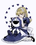  1girl alice_(megami_tensei) black_footwear blonde_hair blue_dress blunt_bangs dress fangs frilled_dress frills hairband heart highres jack_frost long_hair looking_at_viewer open_mouth puffy_short_sleeves puffy_sleeves sen_(aypj8447) shin_megami_tensei shoes short_sleeves simple_background sitting white_hairband yellow_eyes 