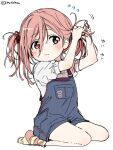  1girl blue_overalls nakanakacxy overalls pink_eyes pink_hair shirt sidelocks simple_background socks solo striped striped_socks twintails tying_hair 