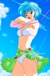  1girl absurdres bikini blue_eyes blue_hair blue_sky clothes_lift cowboy_shot day floral_print highres kokura_masashi light_rays navel nijino_saki non-web_source official_art outdoors pink_shirt sarong shirt shirt_lift short_hair side-tie_bikini_bottom sky solo swimsuit tokimeki_memorial tokimeki_memorial_1 white_bikini 