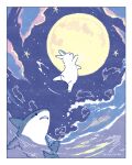  animal border cloud full_moon highres jumping midair moon night night_sky no_humans original outdoors rabbit reflection shark silhouette sky star_(sky) starry_sky tsukimi water waves white_border yurano_(upao) 