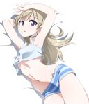  1girl armpits blonde_hair blue_eyes blue_stripes blush breasts eila_ilmatar_juutilainen long_hair looking_at_viewer lying nanashino navel on_side open_mouth presenting_armpit shiny_skin shorts simple_background small_breasts solo strike_witches striped striped_shorts white_background world_witches_series 