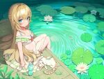  1girl blonde_hair blue_bra blue_eyes bra bra_strap braid breasts carp cat chinese_commentary cleavage closed_mouth commentary dress fish flower highres koi leaf lily_pad long_hair looking_at_viewer lotus medium_breasts original pond ramune ripples sitting soaking_feet solo sparkle underwear water water_drop wet wet_clothes wet_dress white_dress xi_luo 