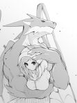  anthro biceps big_biceps blush breasts clothing dragon dress duo female hair hi_res holding_partner hood human katabreak looking_at_viewer looking_away male male/female mammal monochrome muscular muscular_male scalie size_difference unavailable_at_source western_dragon wings 