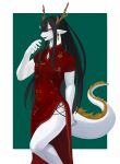  2023 absurd_res anthro antlers chimo205 clothed clothing dragon dress eastern_dragon fingers fur hi_res horn multicolored_clothing multicolored_dress red_clothing red_dress tail white_arms white_ears white_fingers white_hands white_legs white_tail 