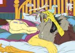  5_fingers antlers beard bed bedding bedroom big_butt blanket bloodshot_eyes brown_body brown_fur butt chimera claws cutie_mark dialogue digital_media_(artwork) discord_(mlp) dock draconequus duo english_text equid equine eyebrows facial_hair fangs feathers female feral fingers fluttershy_(mlp) friendship_is_magic fur furniture grey_body grey_fur hasbro hi_res horn long_neck male mammal multicolored_body multicolored_fur my_little_pony pegasus pillow pink_tail red_eyes red_tail snspony tail tail_tuft teeth text tired tuft wings yellow_body yellow_feathers yellow_fur yellow_sclera 