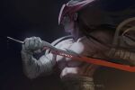  1boy artist_name bandaged_arm bandaged_hand bandages brown_hair closed_mouth from_side glowing glowing_eyes highres holding holding_sword holding_weapon katana league_of_legends long_hair mask moni_(monikinarts) muscular muscular_male profile runes solo sword upper_body weapon yone_(league_of_legends) 