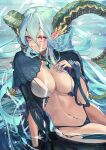  1girl aqua_hair aqua_nails breasts cleavage curled_horns fadingz fate/grand_order fate_(series) green_horns highres horns large_breasts large_horns long_hair long_horns looking_at_viewer midriff navel pointy_ears pubic_tattoo red_eyes solo star-shaped_pupils star_(symbol) symbol-shaped_pupils tattoo tiamat_(fate) 