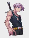  1boy belt black_pants black_shirt blue_eyes closed_mouth dragon_ball dragon_ball_z grey_background kemachiku looking_at_viewer male_focus muscular muscular_male pants shirt simple_background sleeveless sleeveless_shirt solo sword sword_on_back trunks_(dragon_ball) trunks_(future)_(dragon_ball) weapon weapon_on_back 