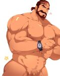  1boy abs adjusting_clothes bara beard bulge collarbone commission completely_nude cowboy_shot dark-skinned_male dark_skin earrings facial_hair flaccid forearms grin heart highres jewelry large_pectorals leobongnana looking_at_viewer male_focus mature_male medium_hair muscular muscular_male navel nipples nude original out-of-frame_censoring pectorals penis penis_peek ponytail smile solo thick_mustache thick_thighs thighs 