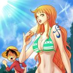  1boy 1girl arm_tattoo bare_shoulders bikini bikini_top_only black_hair blue_sky dated elizagm food food_on_body hat highres ice_cream long_hair looking_at_viewer midriff monkey_d._luffy nami_(one_piece) navel one_piece open_mouth orange_hair outdoors red_shirt scar scar_on_cheek scar_on_face shirt short_hair signature sky straw_hat swimsuit tattoo 