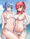  2girls absurdres ahoge bare_shoulders bikini blue_eyes blue_hair blush breasts cleavage closed_mouth collarbone front-tie_bikini_top front-tie_top green_eyes hair_between_eyes hair_ornament hair_ribbon highres hololive hoshimachi_suisei laimer long_hair looking_at_viewer medium_breasts medium_hair multiple_girls navel one_side_up outdoors pink_hair ribbon sakura_miko side_ponytail small_breasts star_(symbol) star_in_eye swimsuit symbol_in_eye teeth virtual_youtuber white_bikini white_ribbon x_hair_ornament 
