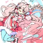  1girl blue_pantyhose blush bow dress elsword fur-trimmed_dress fur_trim hair_bow highres laby_(elsword) long_hair long_sleeves low_twintails mirror open_mouth pantyhose pink_dress pink_eyes pink_footwear pink_theme radiant_soul_(elsword) shoes smile solo tkylv1683 twintails very_long_hair 