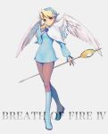  1girl angel_wings blonde_hair blue_footwear boots breath_of_fire breath_of_fire_iv closed_mouth dress earrings feathered_wings full_body hairband hato_(dovecot) highres jewelry knee_boots looking_at_viewer nina_(breath_of_fire_iv) pantyhose short_hair simple_background skirt smile solo staff very_short_hair white_background white_wings wings 