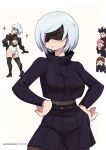  2b_(nier:automata) 2girls 3boys absurdres ass black_blindfold black_gloves black_hair blindfold blush boots breasts brown_hair commentary cosplay costume_switch cropped_shirt crossdressing crossover dashi_(dashiart) fushiguro_megumi gloves gojou_satoru hands_on_own_hips high_heel_boots high_heels highres itadori_yuuji jujutsu_kaisen juliet_sleeves kugisaki_nobara leotard long_sleeves multiple_boys multiple_girls nier:automata nier_(series) pantyhose pink_hair puffy_sleeves short_hair simple_background skirt smile symbol-only_commentary thigh_boots thighhighs white_background white_hair 