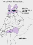  aggressive_retsuko anthro balls blue_eyes clothing crossgender dialogue english_text fur genitals girly headphones jacket legwear male penis purple_body purple_fur ribbons sanrio shikabane simple_background solo text topwear vroorv 