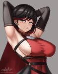  1girl armpits arms_behind_head artist_name black_hair breasts commentary cslucaris english_commentary grey_background grey_eyes highres large_breasts looking_at_viewer patreon_username red_hair rwby sideboob simple_background smile solo summer_rose teeth upper_body watermark 