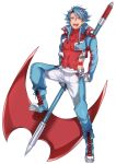  1boy axe blue_hair boots chaps clothing_cutout cross-laced_footwear full_body gloves huge_weapon katagiri_hachigou lace-up_boots long_sleeves male_focus pants personification pokemon salamence sharp_teeth short_hair side_cutout simple_background solo teeth turtleneck weapon white_background white_gloves white_pants 