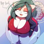  anthro bedroom_eyes big_breasts black_pupils bottomwear breasts cleavage clothed clothing domestic_cat english_text fate_(trinity-fate62) felid feline felis female green_hair hair hi_res huge_breasts huge_hips huge_thighs jacket looking_at_viewer mammal narrowed_eyes open_mouth pants pink_body pupils seductive shirt solo text thick_thighs topwear trinity-fate62 wide_hips yellow_eyes 